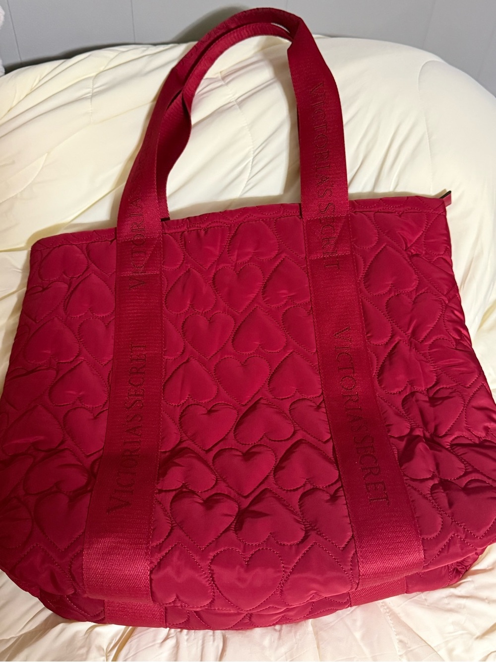 Victoria's Secret Quilted Heart Pattern Red Tote Bag